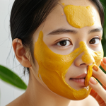 **Prompt:** A serene spa scene featuring a woman applying a homemade turmeric face mask. Focus on natural light, fresh ingredients like honey and yogurt, and a calming ambiance with green plants and soft towels. Include the Vietnamese text "Mặt Nạ Nghệ Tươi Trị Mụn" subtly in the background.
