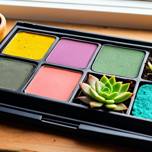 Home 9 **Image Prompt:** A close-up shot of a repurposed eyeshadow palette, now a miniature succulent garden, sitting on a bright, organized desk. Focus on the vibrant green succulents contrasting with the colorful makeup container. Add soft, natural lighting to emphasize the eco-friendly and aesthetically pleasing nature of the DIY project. Include small gardening tools for scale.