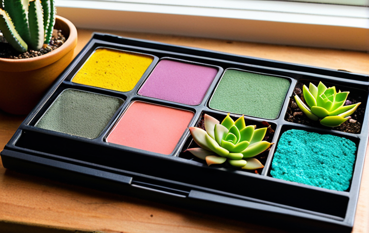**Image Prompt:** A close-up shot of a repurposed eyeshadow palette, now a miniature succulent garden, sitting on a bright, organized desk. Focus on the vibrant green succulents contrasting with the colorful makeup container. Add soft, natural lighting to emphasize the eco-friendly and aesthetically pleasing nature of the DIY project. Include small gardening tools for scale.